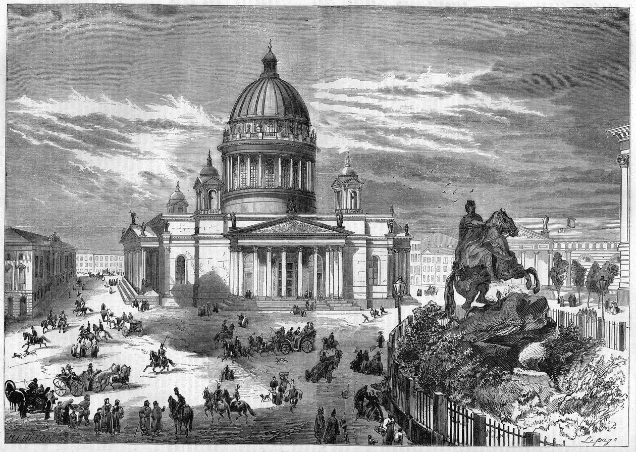 Arquitectura religiosa: vista da Igreja Ortodoxa de São Isaac (1819-1858) em São Petersburgo (São Petersburgo) na Rússia, construída de acordo com os planos do arquitecto Ricard de Montferrand (1786-1858). À direita encontra-se a estátua equestre de Pedro  de French School