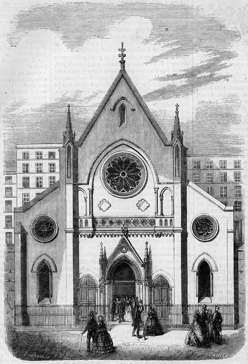 Arquitectura religiosa: vista da fachada do Templo para os americanos que vivem em Paris, rue de Berry, em 1857. Edifício construído pelo arquitecto Sr. Salmon. Gravura no "Le Monde Illustré" n°33 de 28 de Novembro de 1857. de French School
