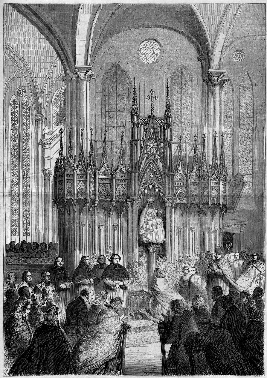 Arte religiosa: estátua de Notre Dame du Pillar ou "Virgo Noire" (cerca de 1540) na catedral de Chartres (Eure et Loire, 28) em 1858. Gravura em "Le Monde Illustré" n°89 de 25 de Dezembro de 1858. de French School