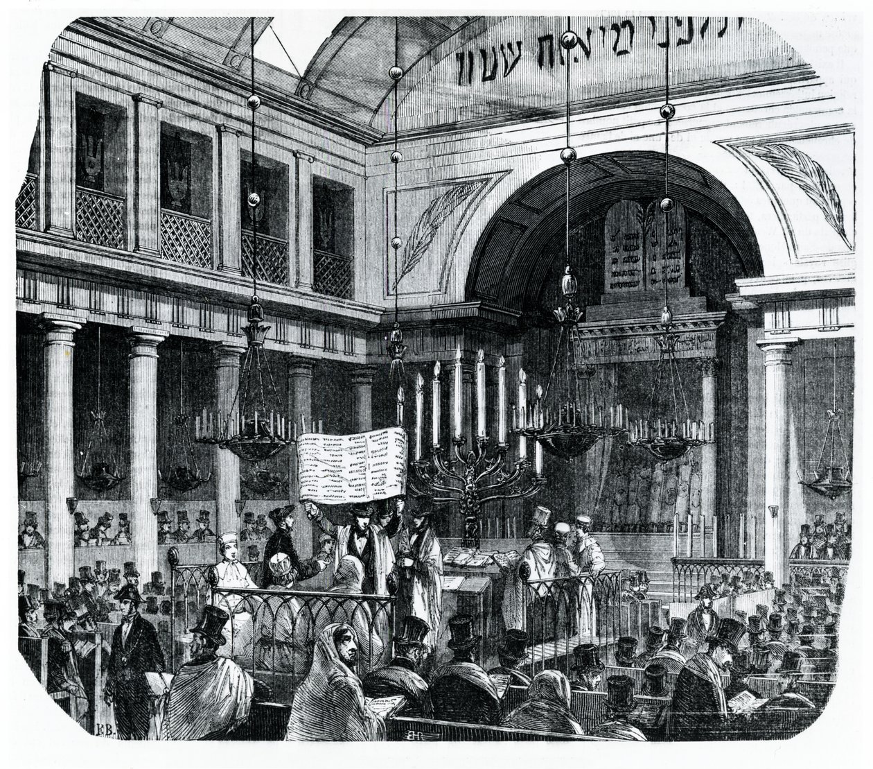 Cerimônia religiosa na antiga sinagoga de Paris para Rosh Hashaná, ilustração de Le Tableau de Paris por Edmond Texier, publicada em Paris, 1852 de French School