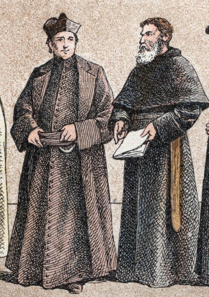 Figurinos religiosos: da esquerda para a direita, retrato de um jesuíta e de um irmão assuncionista (membro da congregação dos Agostinianos da Assunção) - Gravura - Figurinos religiosos da antiguidade: da esquerda para a direita, retrato de um jesuíta e de de French School