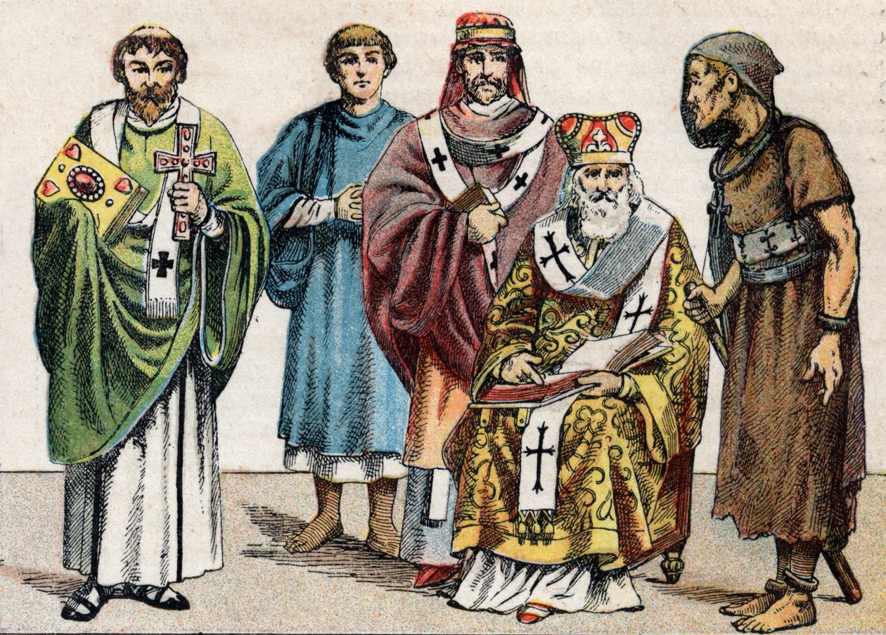Fatos religiosos em Antiquite: de g a d retrato de um diácono bizantino, um padre cristão do primeiro século, um eveque do século V, um patriarca bizantino e um anacoreta - Gravura - Fatos religiosos na antiguidade: da esquerda para r de French School