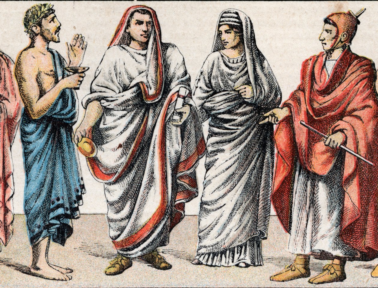 Fatos religiosos na Antiguidade: de g a d retrato de um sacerdote grego, ministro para sacrifícios, um Grande Pontífice na Roma antiga (Pontifex maximus), uma vestal, uma pré-estreia da Roma antiga e um padre romano flamingo (flamengo) dedicado ao culto de de French School