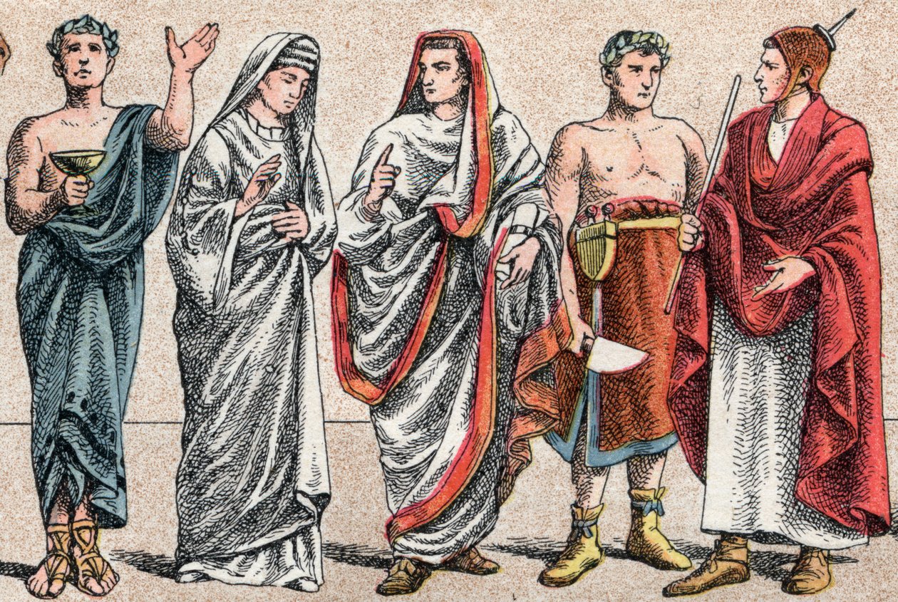 Fatos religiosos na Antiguidade: de g a d retrato de um sacerdote grego, ministro de sacrifício, uma vestal, preestrela da Roma antiga e um Grande Pontífice na Roma antiga (Pontifex maximus), um popa e um flamino (flamengo) sacerdote romano dedicado ao cul de French School