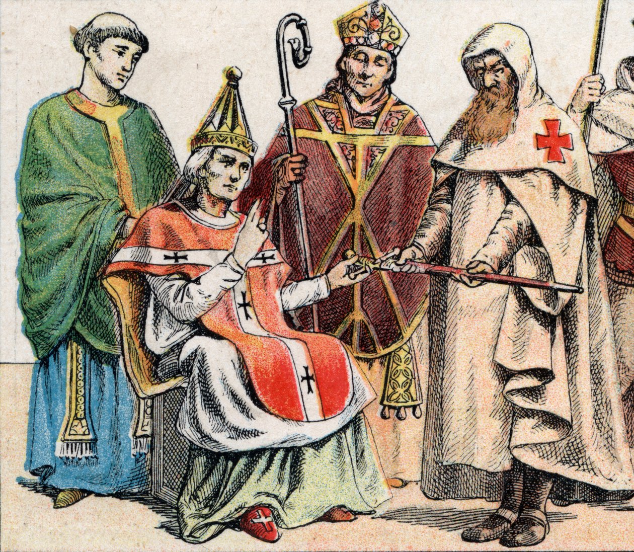 Fatos religiosos na Idade Média: de g a d um padre do século X, um papa do século XI, um eveque (com uma mitra e um rabo) até ao século XII e um membro da Ordem dos Hospitaleiros (Ordem de São João de Jerusalém) - Custo religioso de French School