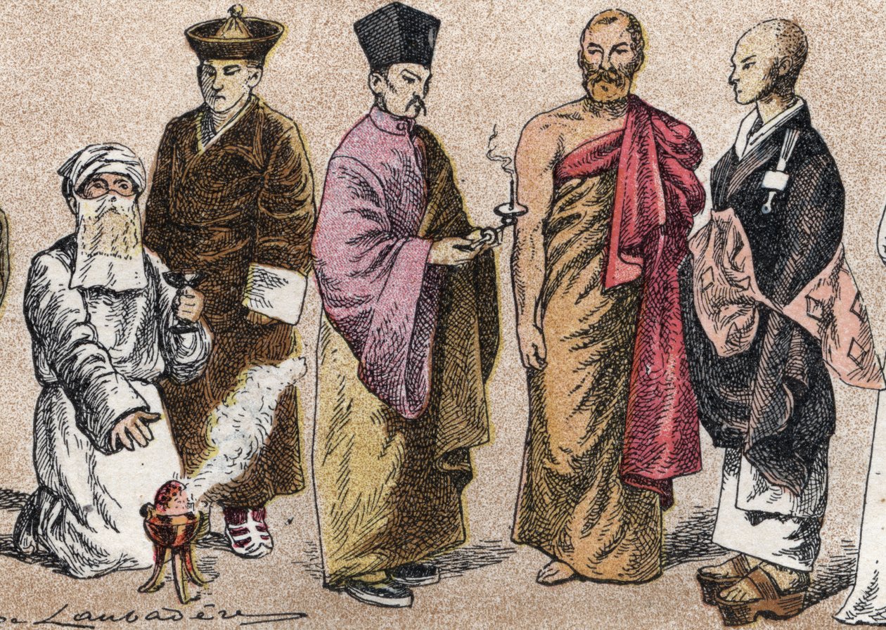 Figurinos religiosos da Ásia: de g a d retrato de um padre Parsi (parse ou seguidor do parsismo), Lama (mestre espiritual tibetano), padre budista chinês, Ceylon bonze e padre budista japonês - Gravura - Figurinos religiosos na Ásia: da esquerda para a dir de French School