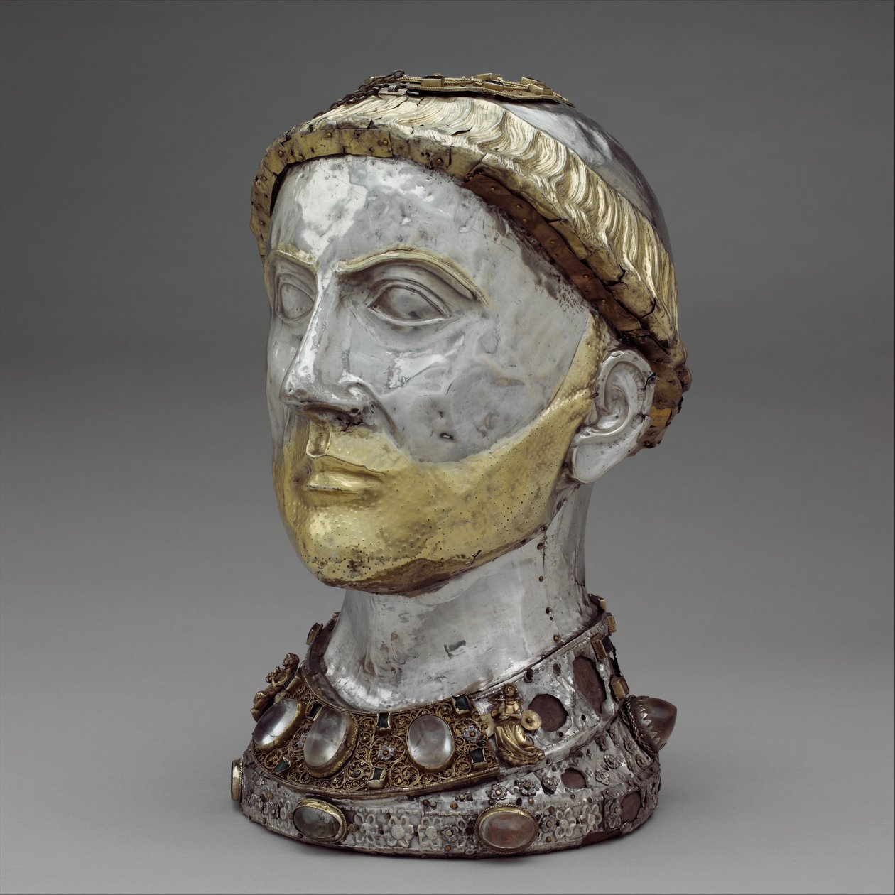 Busto Reliquário de São Yrieix, c.1220-40 (prata dourada com cristal de rocha, pedras preciosas e vidro) de French School