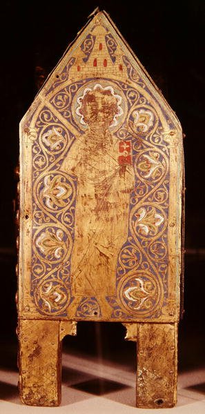Peitoral relíquia de São Calminius, detalhe de São Paulo com espada e livro, Limoges (cobre e esmalte de châpleve) de French School