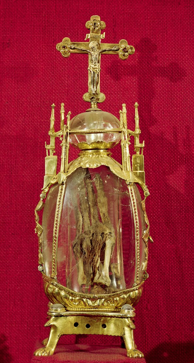Relicário contendo a mão de Santa Átalia (c.697-741) do século XII ao XV (cobre, prata dourada e cristal de rocha) de French School
