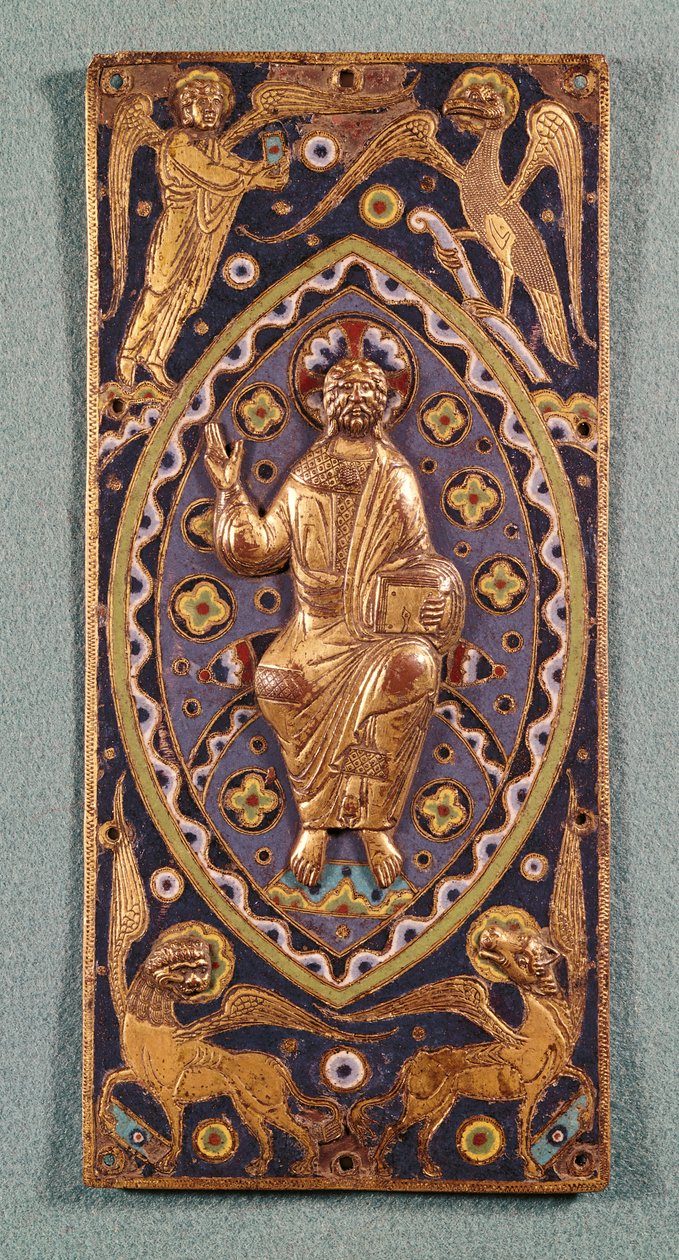 Placa relicário que descreve Cristo com os símbolos dos evangelistas (cobre esmaltado) de French School