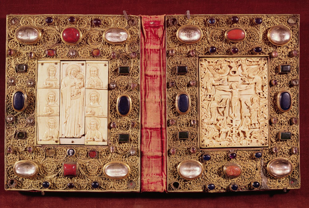 Placa relicário representando a Virgem e o Menino com os Santos e a Crucificação (ouro, marfim e pedras preciosas) de French School