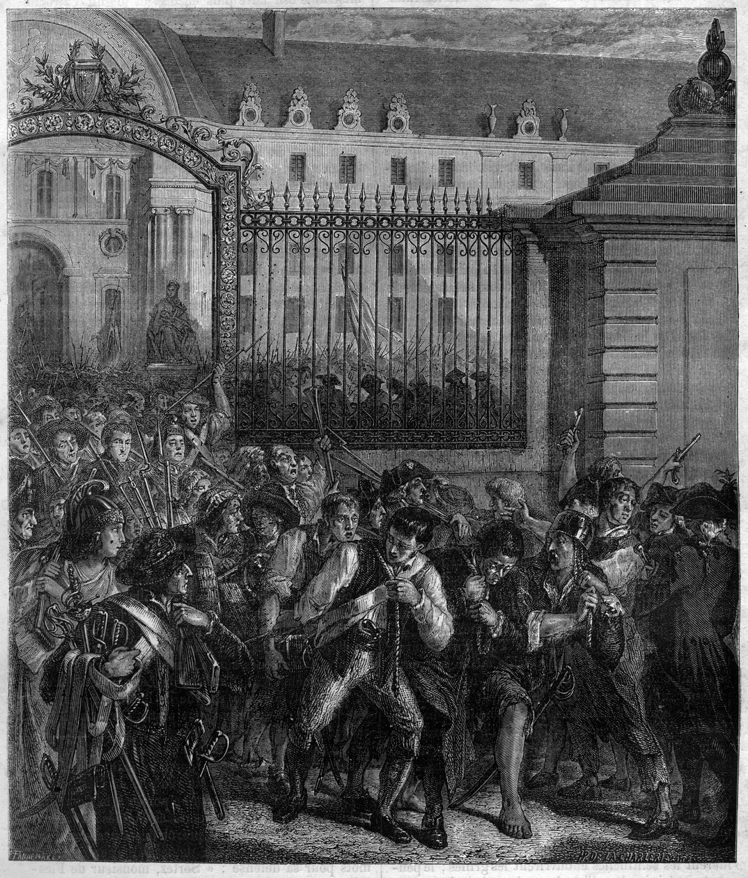 A remoção das armas dos Inválidos pelo povo "contra o despotismo, a insurreição é o mais sagrado dos direitos e o mais santo dos deveres". Gravação em "Histoire des Papes-Rois-Queen and Empereurs a travessa les centuries" por Maurice Lachatre de French School