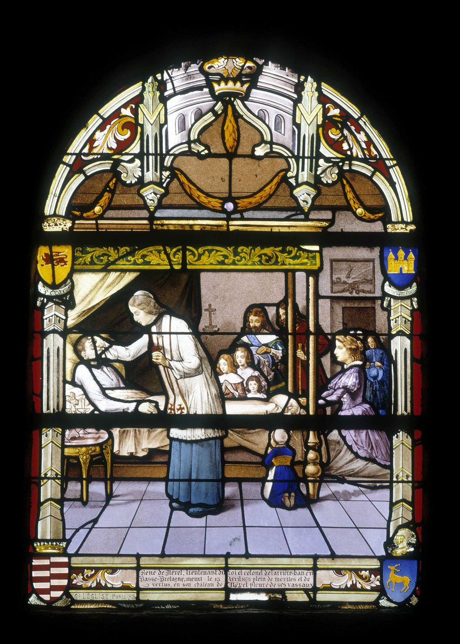 René de Neval, tenente do rei e coronel do backbench na Bretanha, morreu em 13/04/1676, cheio de mérito e virtudes no seu castelo de Neval, chorado pelos seus vassalos - vitrais da igreja de São Germain em Kerlaz de French School
