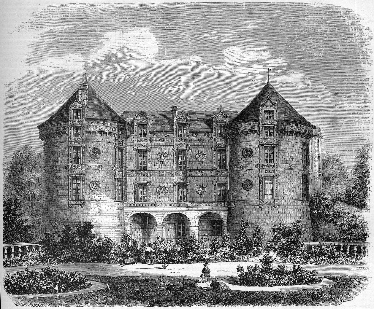 Arquitectura renascentista - os chateaux do Loire: vista da fachada do Chateau du Lude em 1857. Le Lude, Sarthe (72). Gravura no "Le Monde Illustré" n°28 de 24 de outubro de French School