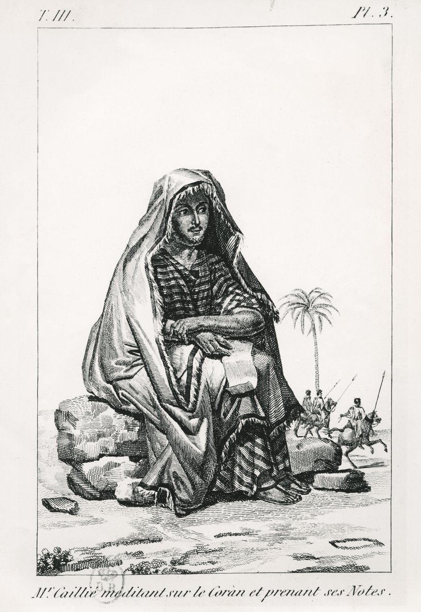 Rene Caille ponderando sobre o Alcorão e tomando notas, do Journal dun voyage a Tombouctou de Rene Caillie (1799-1838), 1830 de French School