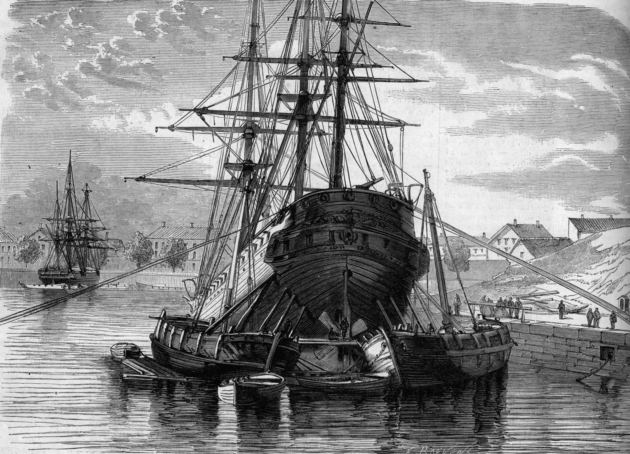 Reparação de um navio (o vaporizador "Vera Cruz"): levantamos a traseira para colocar o helicóptero descoberto. 1863. Gravura em "Le Monde Illustré" n°320 de 30 de Maio de 1863. de French School