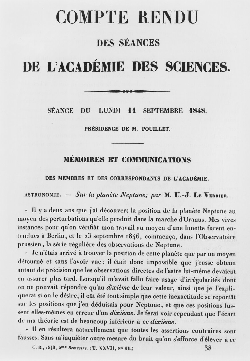 Relatório das sessões na Academie des Sciences por Jean Joseph Le Verrier (1811-77) no planeta Netuno, 11 de setembro de 1848 de French School