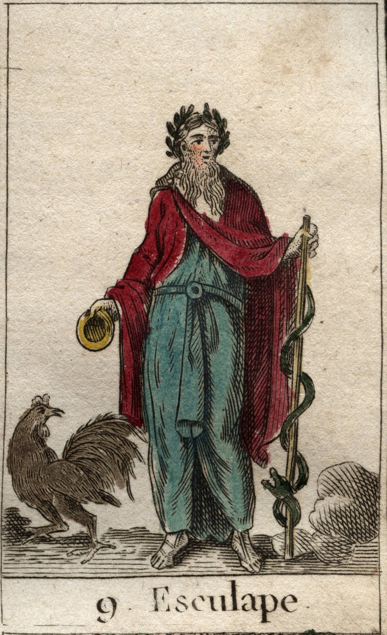 Representação de Asclepios, deus da Medicina, segura na mão um bastão de Asclepios (decíduo), um bastão de pelerina sobre o qual se enrola uma cobra, símbolo do conhecimento (O deus da Medicina, Asclepios (ou Asclepios ou Aesculapius) segurando uma Vara de de French School