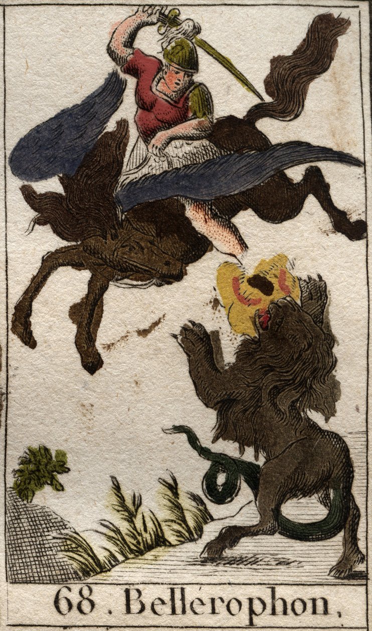 Representação de Bellerophon, montando Pegase, matando o chimere (representação de Bellerophon, em Pegasus, lançando a Quimera). Da "Mitologia da Juventude", de Pierre Blanchard 1803. de French School