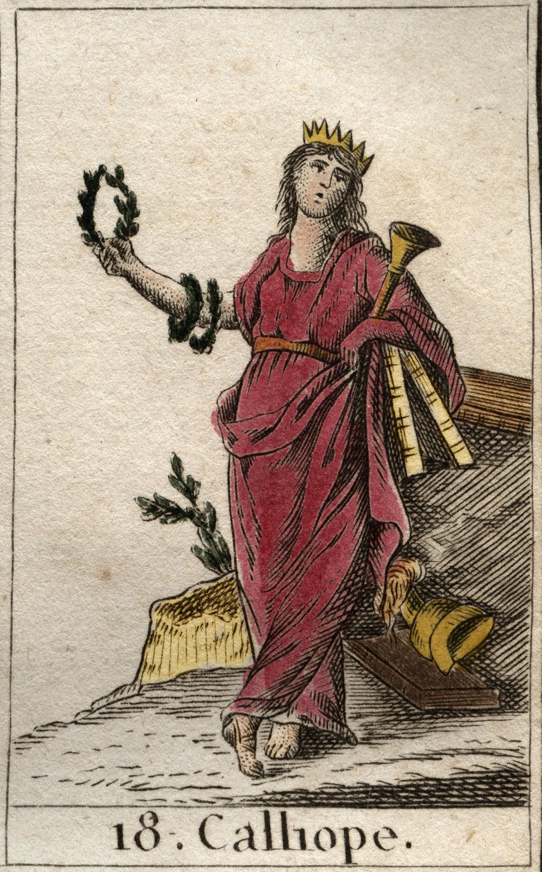Representação de Calliope, musa da poesia épica, ela segura na mão uma coroa e a trombeta da epopeia (Representação de Calliope, Musa da poesia heróica). De "Mitologia da Juventude", de Pierre Blanchard 1803. de French School