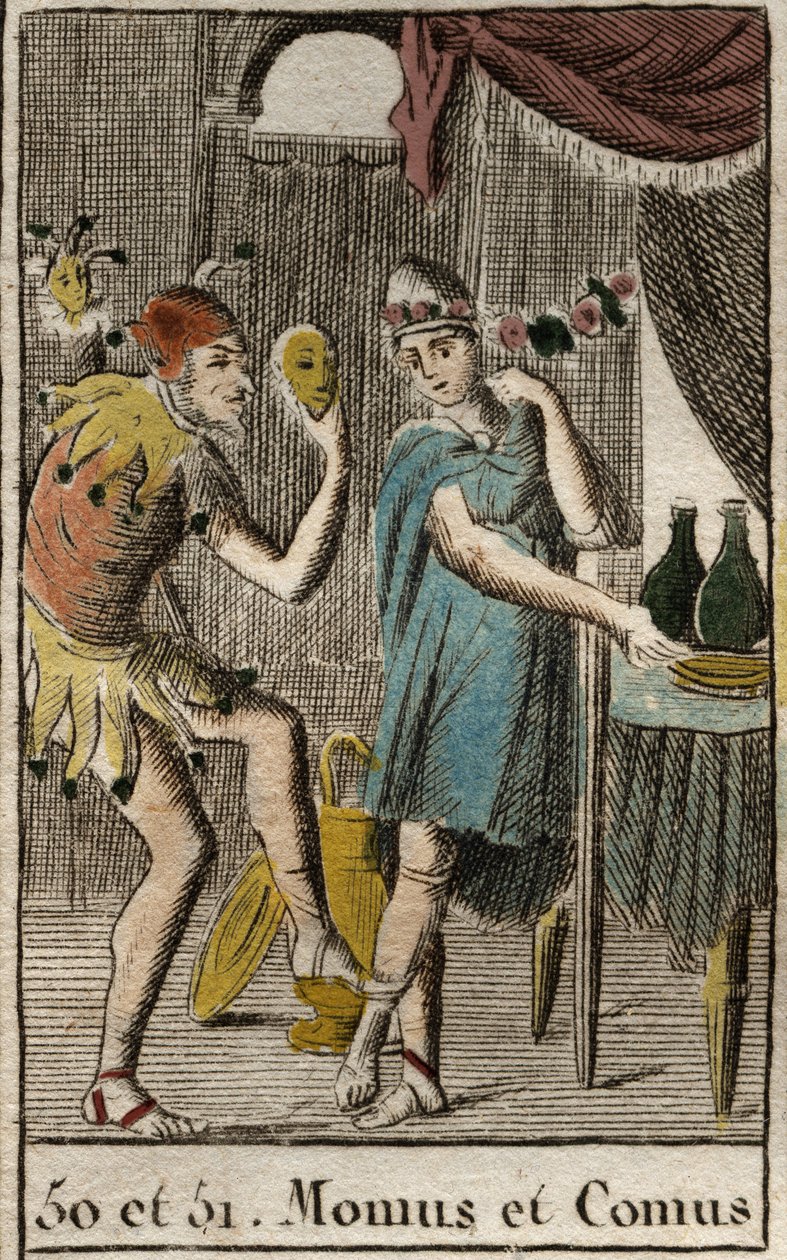 Representação de Comus, divinite dos gourmets e da culinária, preside festas, represente se inclina sobre uma estaca com uma tocha e Momos, personificação da zombaria e do sarcasmo, é representado como um bobo da corte. (Momus a personificação da sátira e  de French School