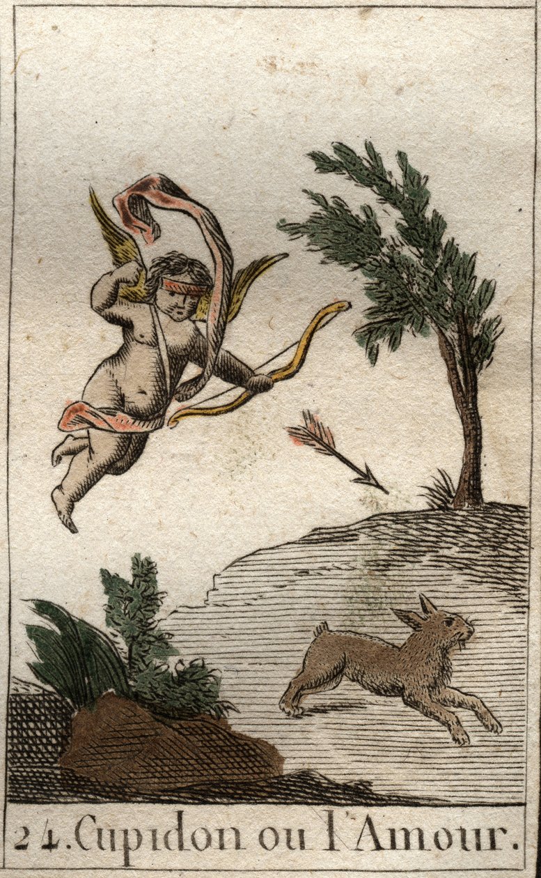 Representação de Cupido, ou Amour, servo de Vênus, como uma criança vendada, desenhando uma flecha (Cupido, deus do Amor, como uma criança vendada, desenhando uma flecha). Da "Mitologia da Juventude", de Pierre Blanchard 1803. de French School