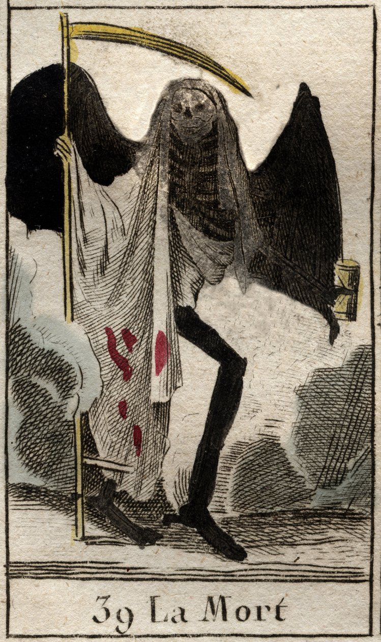 Representação da Morte, esqueleto vestido de preto e asas, ele segura uma grande falsificação. (A Morte, esqueleto alado vestido de preto, segurando uma foice) De "Mythologie de la jeunesse", de Pierre Blanchard 1803. de French School