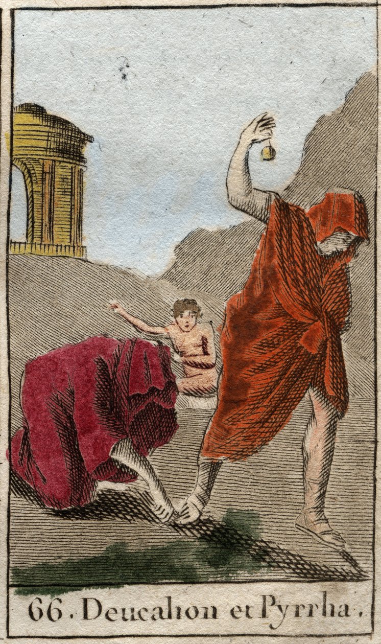 Representação de Deucalion e Pyrrha, os únicos sobreviventes após o dilúvio causado por Zeus para destruir a raça humana. Themis, depois do dilúvio, pede-lhes que andem com a cabeça coberta, atirando atrás deles os ossos de sua mãe (as pedras da Terra) (Re de French School