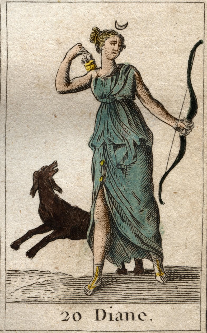 Representação de Diana, deusa da caça, ela segura um arco e flechas (Representação de Diana, deusa da caça). Da "Mitologia da Juventude", de Pierre Blanchard 1803. de French School