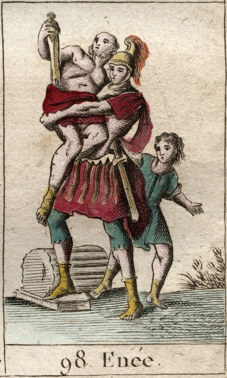 Representação de Enee durante a fuga de Tróia tomada pelos gregos, carregando seu pai Anchise em seus ombros, seguido de seu filho Ascagne quando criança. (Enéas foge de Tróia saqueada pelos gregos, carregando Anchises nas costas, seguido de seu filho Asca de French School