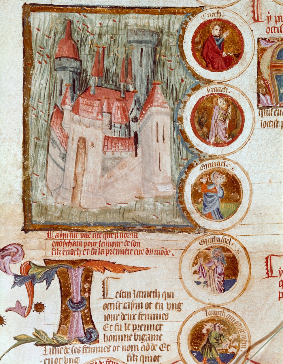 Representação de Enocham, primeira citação do mundo fundada por Yared (Yered, Jared ou Jareth) em homenagem a seu filho Enoque (Henoch ou Henoc) Página retirada do manuscrito "Genealogia da Bíblia" da escola francesa. Cremone do século XIV, biblioteca gove de French School