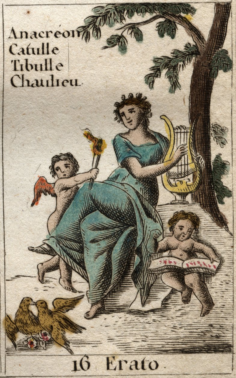 Representação de Erato, musa da poesia lírica, segurando uma lira (Representação de Erato, Musa da poesia lírica, segurando uma lira). De "Mitologia da Juventude", de Pierre Blanchard 1803. de French School
