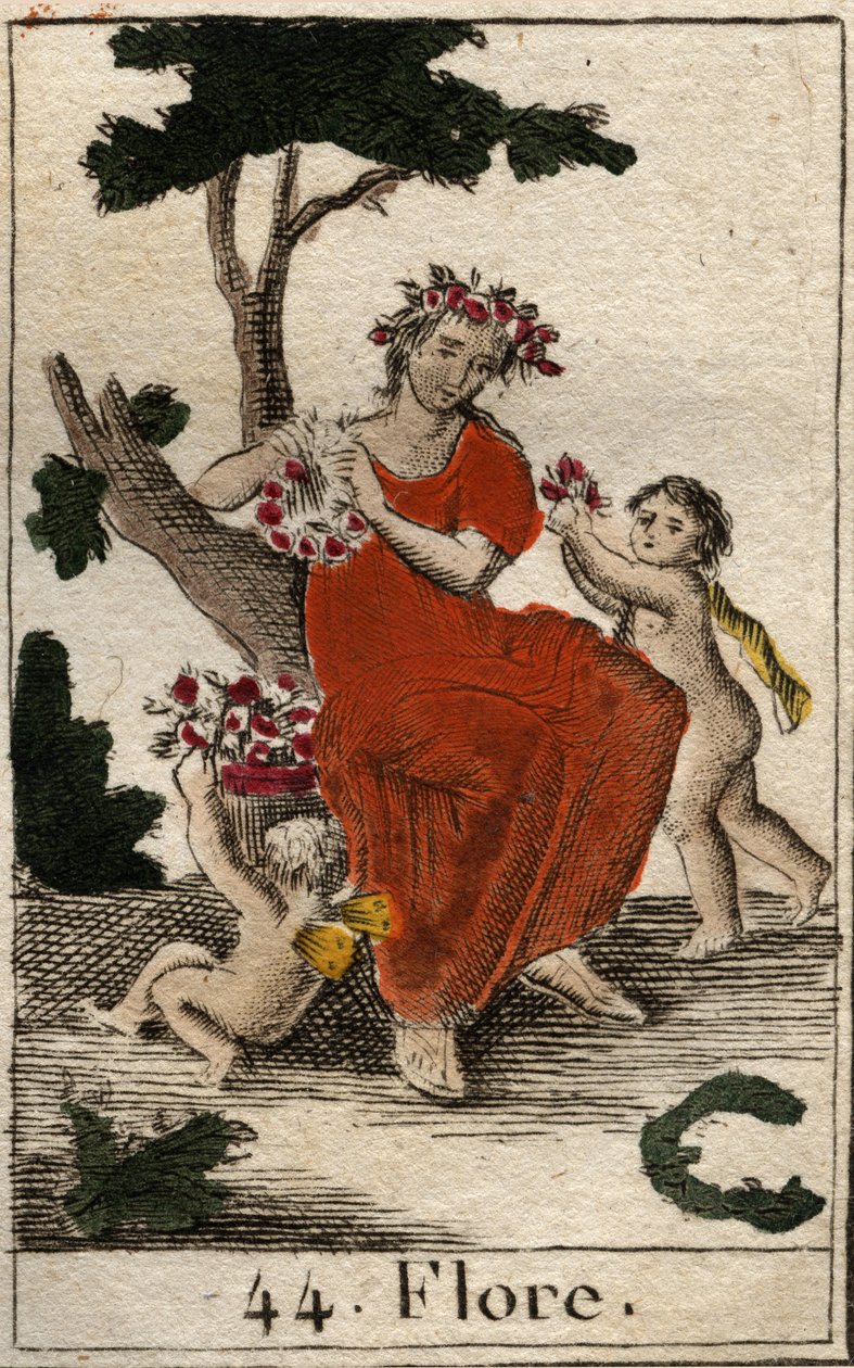 Representação da Flora (Flora), deusa das flores. (Flora, deusa das flores e a estação da primavera) De "Mythologie de la jeunesse", de Pierre Blanchard 1803. de French School