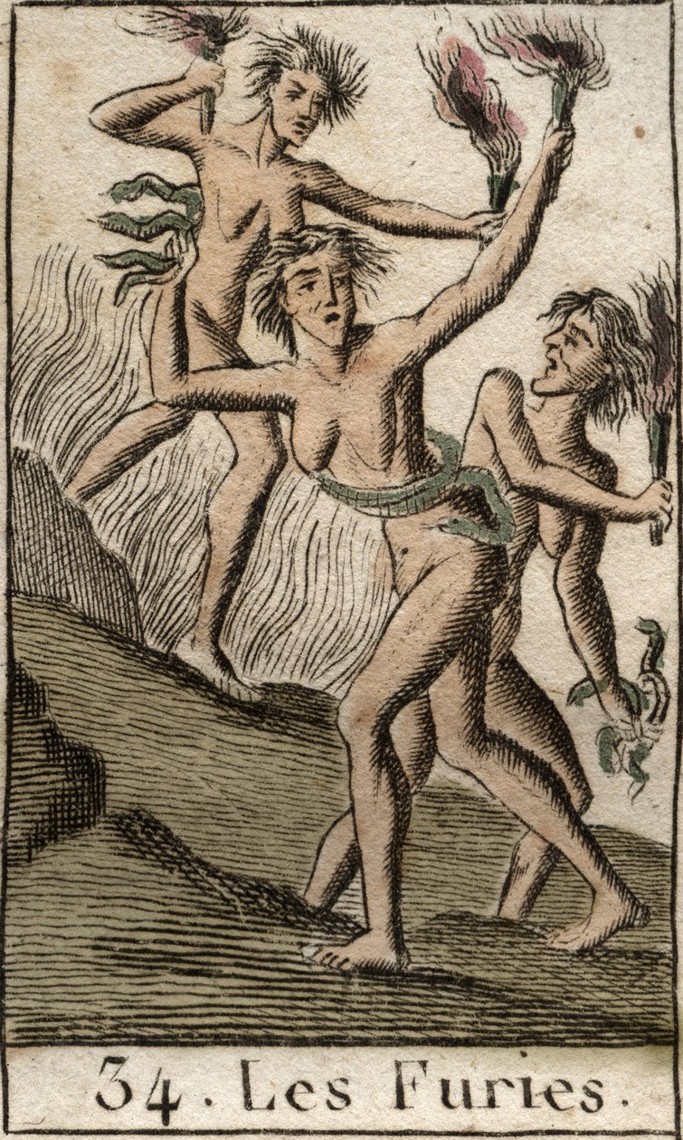Representação de Fúrias, Tisfone, Megere e Alecton, perseguindo os divinitas, como libertos (As Fúrias, Tisfone, Megaera e Alecto, representadas como mulheres emaciadas). De "Mythology of Youth" de Pierre Blanchard 1803. de French School