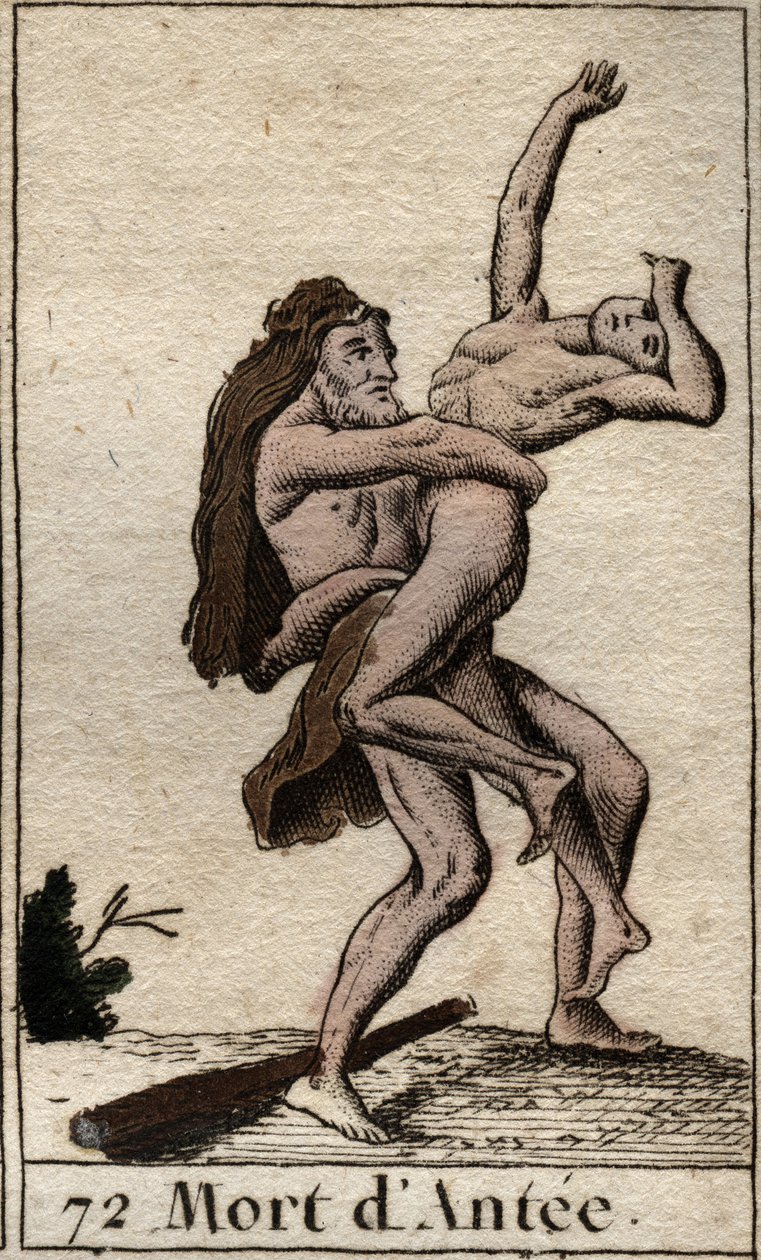 Representação de Hércules Terrassant Ante, Rei da Líbia (Heracles (Hércules) matando Antaeus com um abraço de urso) De "Mythology of Youth", de Pierre Blanchard 1803. de French School