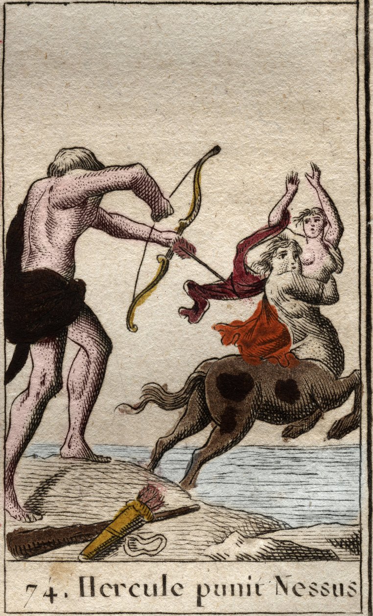Representação de Hércules decocando uma flecha envenenada para o centauro Nessus (Nessos) que sequestra sua esposa Dejanire (Hércules (Heracles) disparou uma flecha envenenada para o centauro Nessus que tenta sequestrar Deianira) De "Mythologie de la jeune de French School