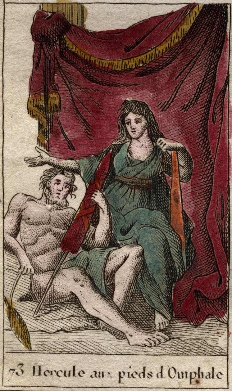 Representação de Hércules, amante de Omphale, estica uma ses pieds, segurando um cenouille (Heracles (Hércules) deitado aos pés de Omphale por quem está apaixonado, segurando um distaff) de "Mythologie de la jeunesse" de Pierre Blanchard 1803. de French School