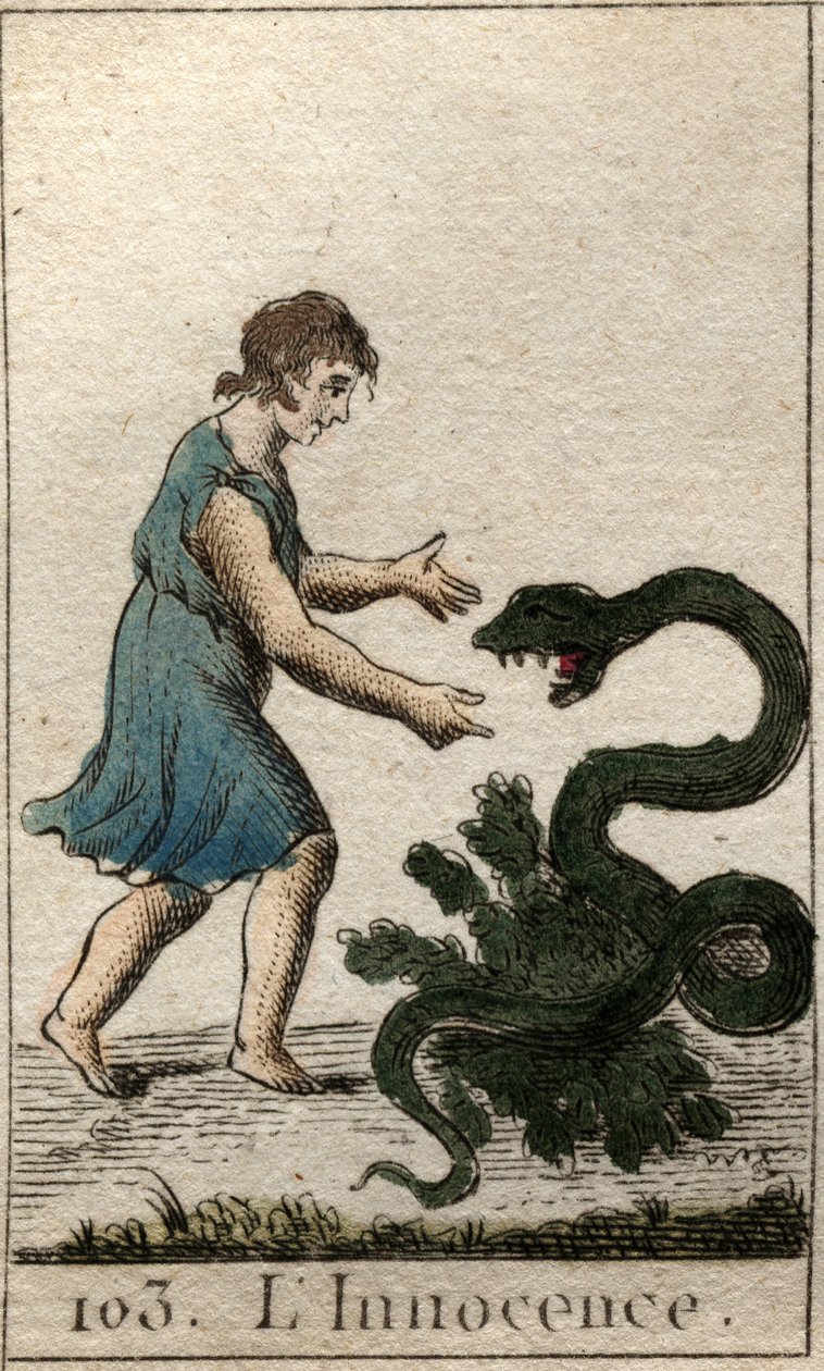 Representação da Inocência, como uma criança alimentando uma cobra perigosa. Da "Mitologia da Juventude", de Pierre Blanchard 1803. de French School