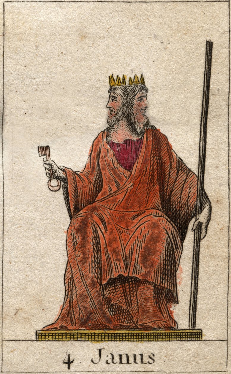 Representação de Janus, divindade do início e passagens, ele é representado com duas faces (Janus (ou Ianus) é o deus dos portões, portas, começos e fins, representado com duas faces e uma chave). Da "Mitologia da Juventude", de Pierre Blanchard 1803. de French School