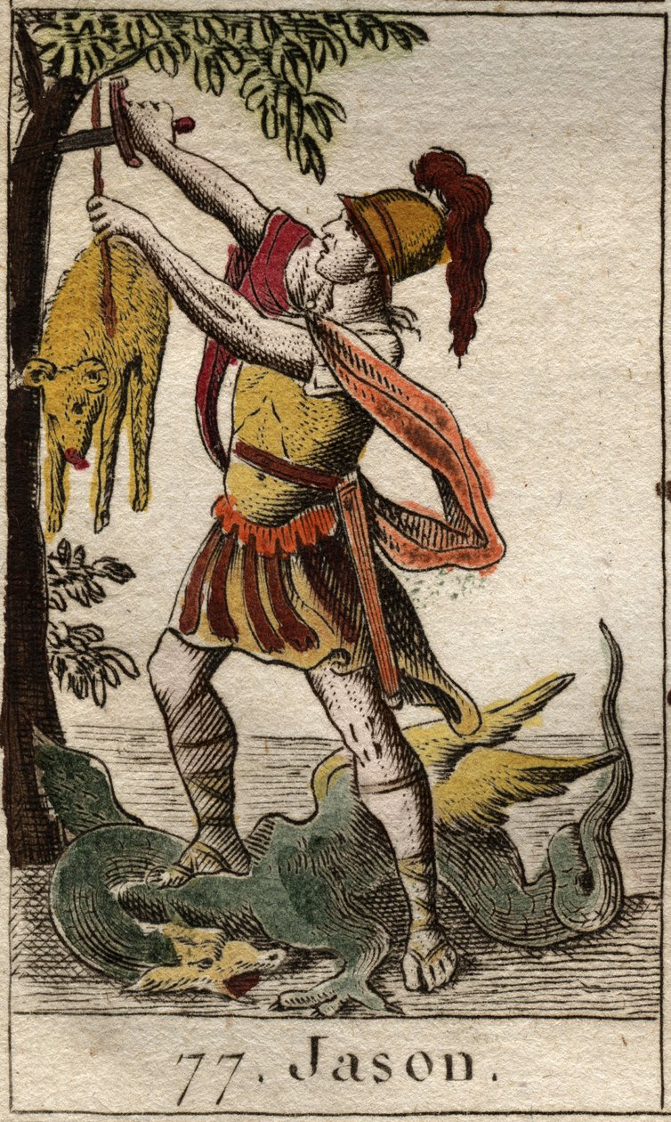Representação de Jason, recuperando o Velo de Ouro, velo de Chrysomallos, ala Belier, após o triunfo do dragão adormecido que guardava o velo de Ouro e o apanhava. Da "Mitologia da Juventude", de Pierre Blanchard 1803. de French School