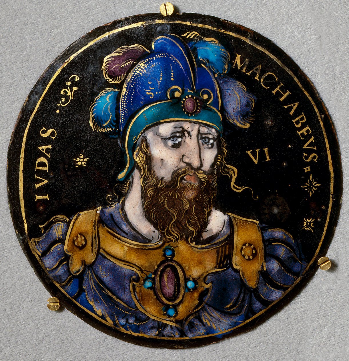 Representação de Judas Macchabee (Maccabee ou Macabee), apelidado de martelo, sucessor de seu pai Matathias (Mathathias, Mattathias) à frente da revolta dos judeus contra a opressão dos Seleucidas. Medalhão em e-mail de Limoges do de French School