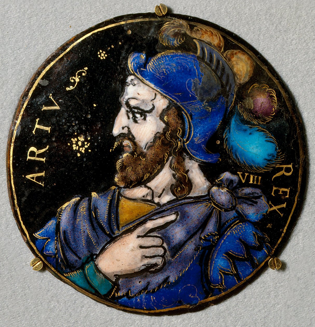 Representação do Rei Artur, lendário rei dos bretões (século VI). Medalhão em e-mail de Limoges do século XVI. Ouça, Museu Nacional da Renascença de French School