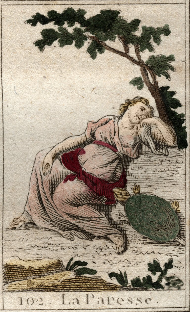 Representação da Preguiça, filha da Noite e do Sono como um jovem com uma tartaruga. Da "Mitologia da Juventude", de Pierre Blanchard 1803. de French School
