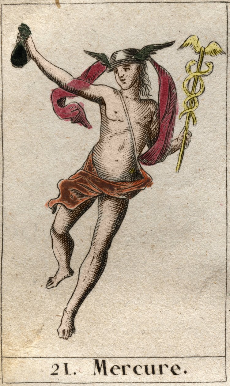 Representação de Mercúrio, deus do comércio, das viagens e mensageiro de outros deuses. Ele segura um caduceu, e usa uma petase (Mercúrio, deus do comércio e mensageiro dos outros deuses, ele segura um caduceu, e usa um petasos). Da "Mitologia da Juventude de French School