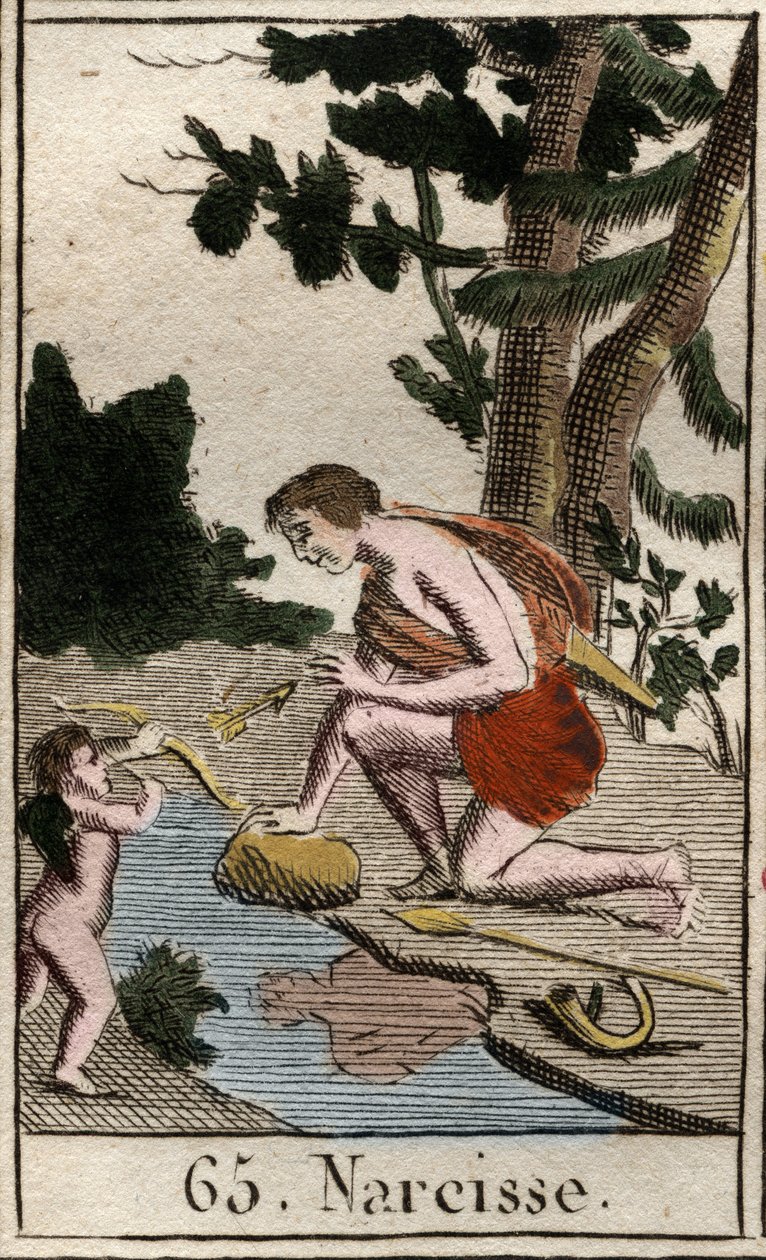 Representação de Narcisse, um jovem apaixonado por si mesmo, ele olha constantemente para a sua reflexão. (Representação de Narciso, um jovem apaixonado por si mesmo, admira sua reflexão constantemente). Da "Mitologia da Juventude" de Pierre Blanchard 1803 de French School