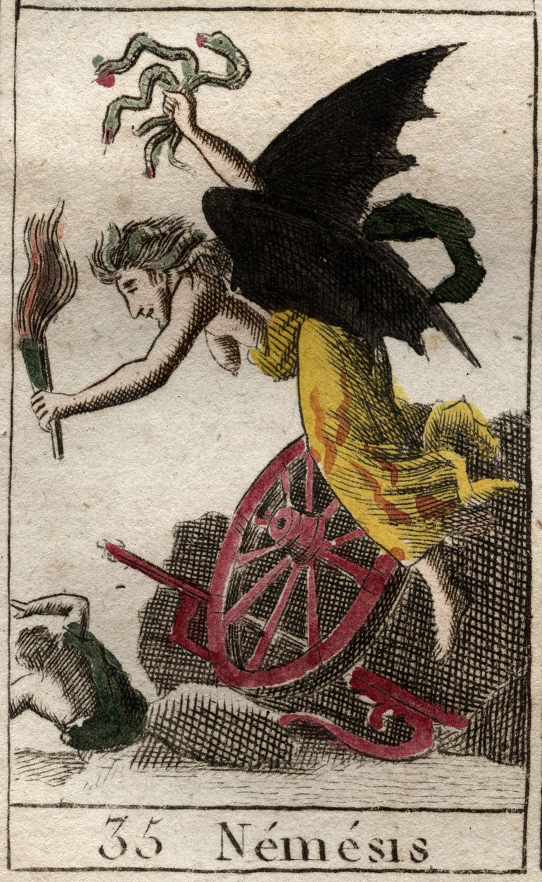 A representação de Némesis, deusa da Vingança, representada como uma mulher ailee segurando uma tocha, e cobras, roda e leme indicam que eles estavam perseguindo suas vítimas por mar e terra. (Nêmesis, deusa da vingança, representada como uma mulher alada, de French School
