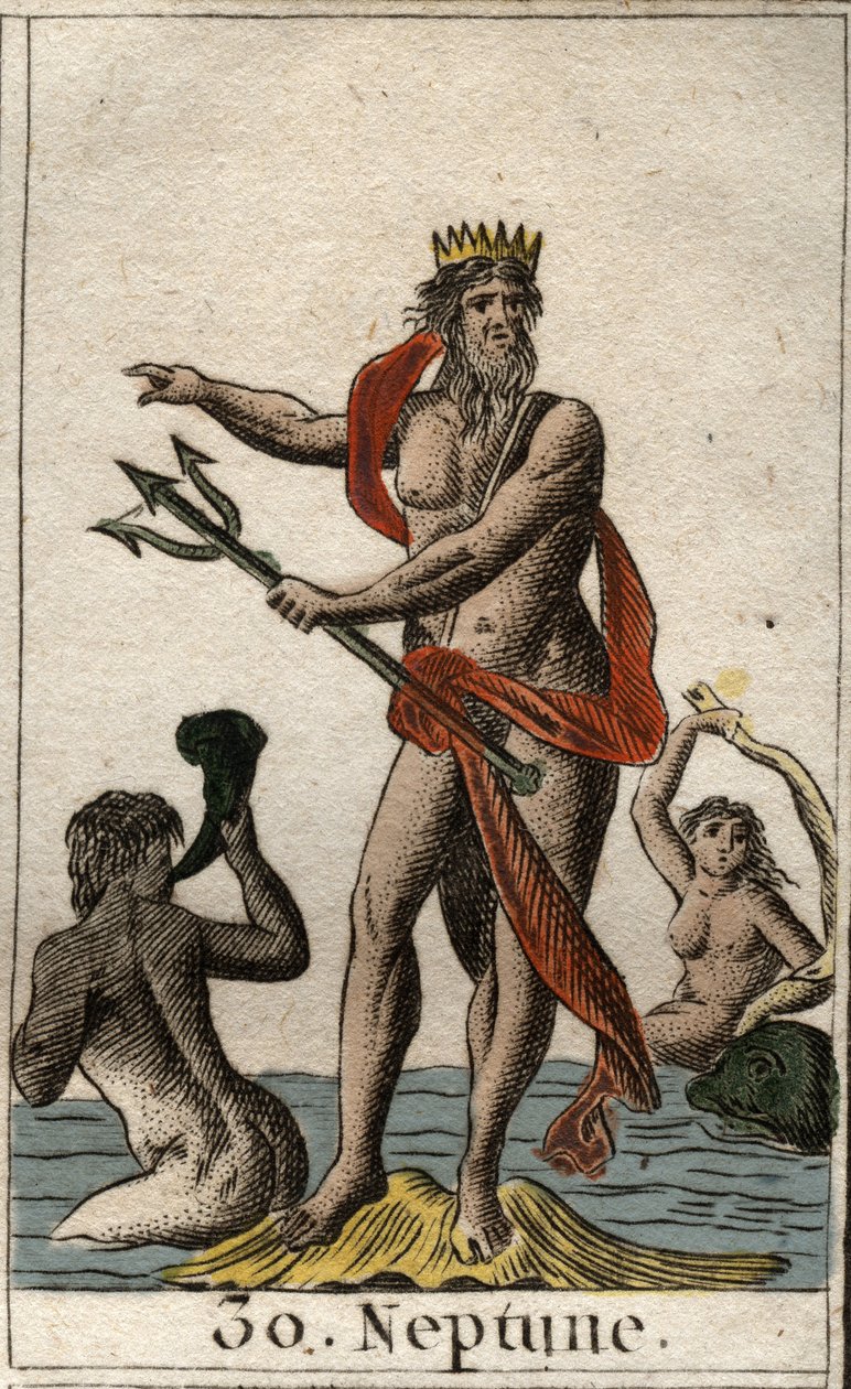 Representação de Netuno, deus dos mares, ele tem um tridente. (O deus do mar Netuno, ele tem um tridente). Da "Mitologia da Juventude" de Pierre Blanchard 1803. de French School