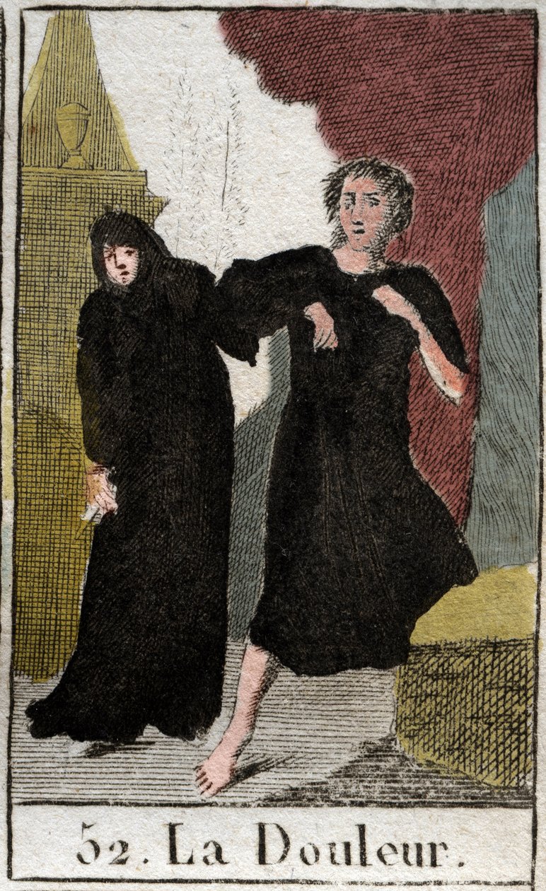 Representação da Dor, personificada como uma mulher vestida de preto que se move na escuridão, armada com uma adaga. (Personificação da dor, personificada como uma mulher vestida de preto, vivendo na escuridão, armada com uma faca) De "Mythologie de la jeu de French School