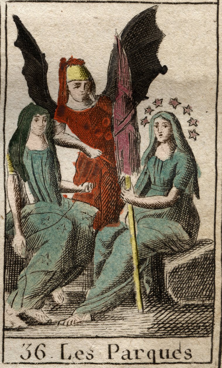 Representação de Parques (Gabinetes), Clotho, Lachesis e Atropos, divindades do destino humano, do nascimento à morte, como mulheres muito velhas girando. (Parcae, Clotho, Lachesis e Atropos, personificação do destino humano, representadas como mulheres mu de French School