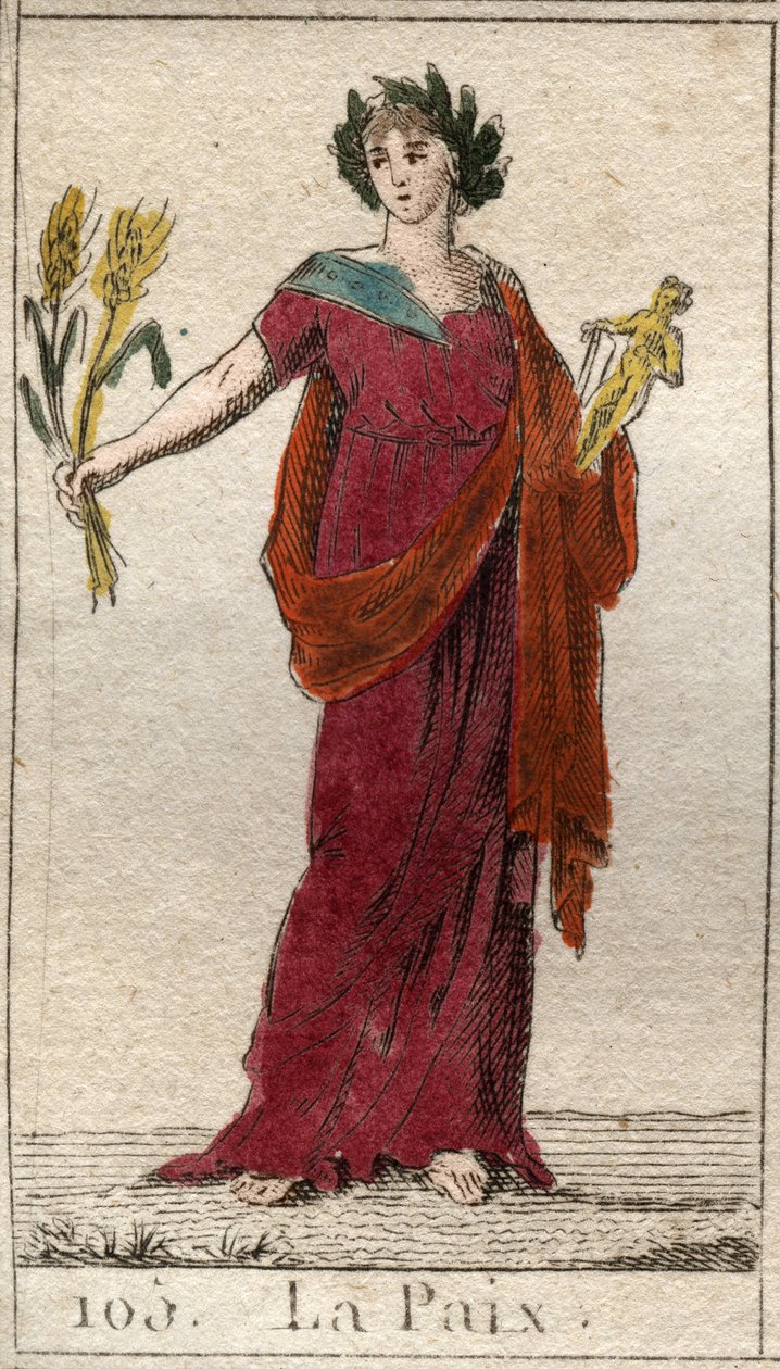 Representação da Paz, como uma mulher coroada de louros, segurando um molho. Da "Mitologia da Juventude", de Pierre Blanchard 1803. de French School